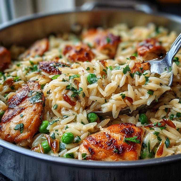 Easy lemon chicken orzo with Parmesan, fresh herbs, and vibrant peas—perfect for quick weeknight dinners.