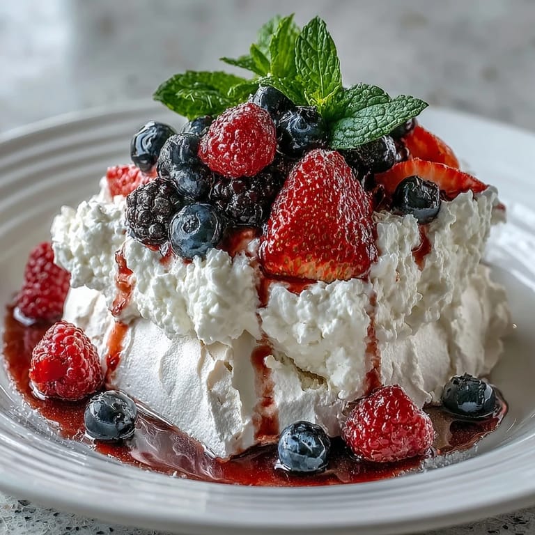 3. Crisp-edged pavlova crowned with billowy vanilla whipped cream and a colorful array of fresh berries, perfect for spring celebrations.