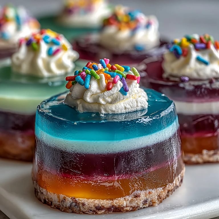 Bright and cheerful layered Jello dessert in clear cups, topped with fluffy whipped cream and sprinkles.  