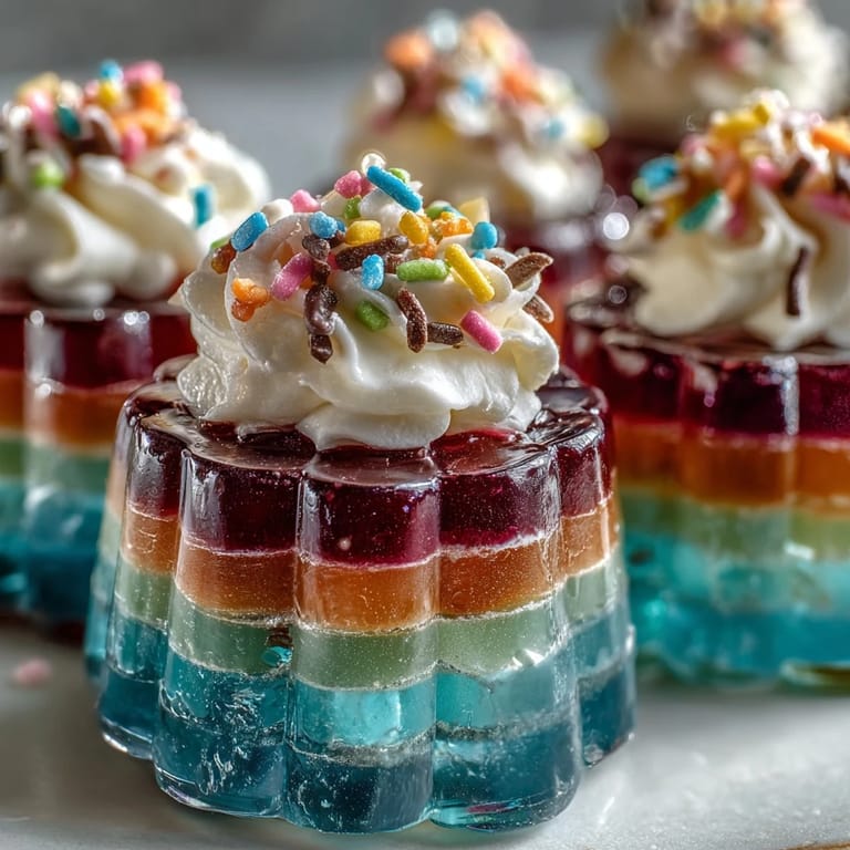 Festive rainbow Jello cups featuring fruity flavors in every colorful layer, finished with a dollop of whipped cream.