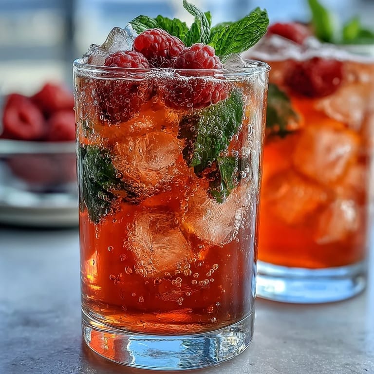Chilled sparkling raspberry lemon mocktail with muddled berries, zesty citrus, and a sprig of mint, served over ice for a refreshing drink.