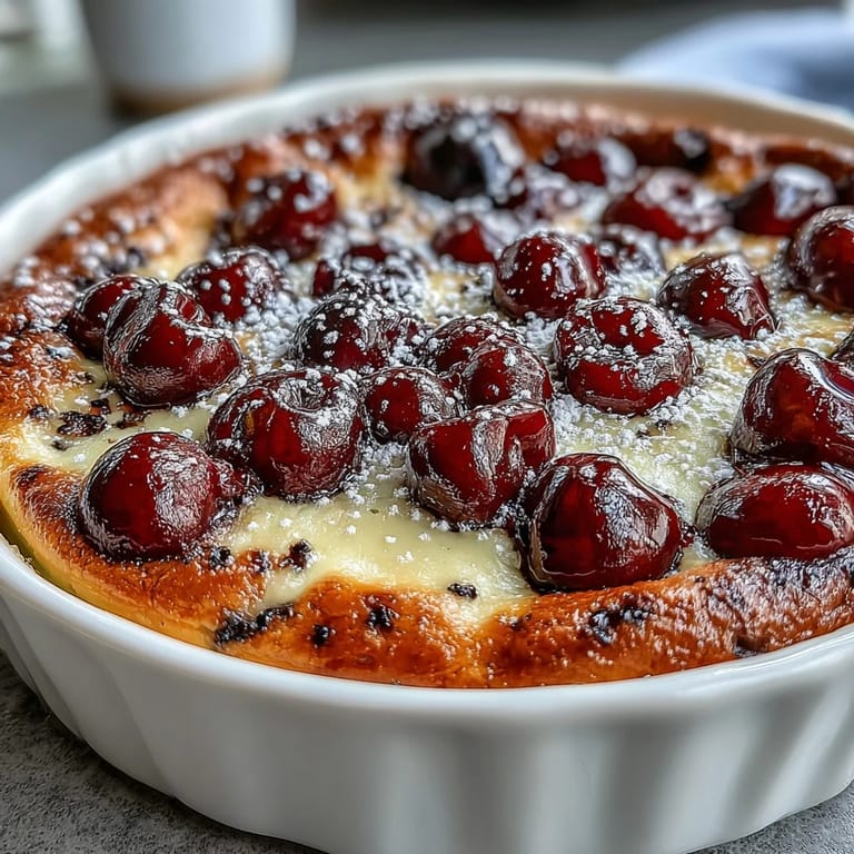 Juicy baked fresh cherry clafoutis dessert, warm and ready for a dusting of sugar.