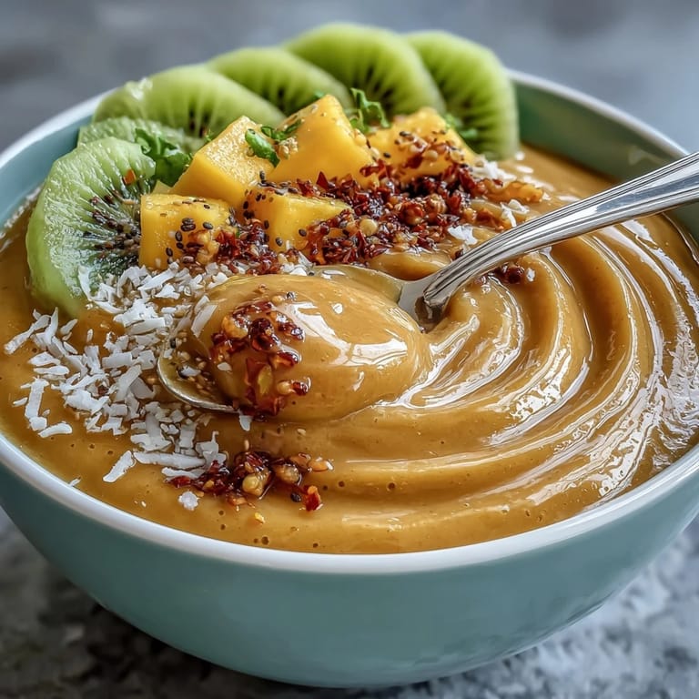Juicy Mango Chili Lime Smoothie Bowl begging for a spoonful, topped beautifully.