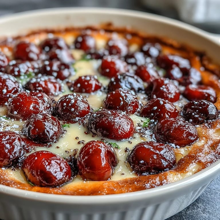 Deliciously puffed French custard, fresh cherry clafoutis perfect served warm with vanilla.
