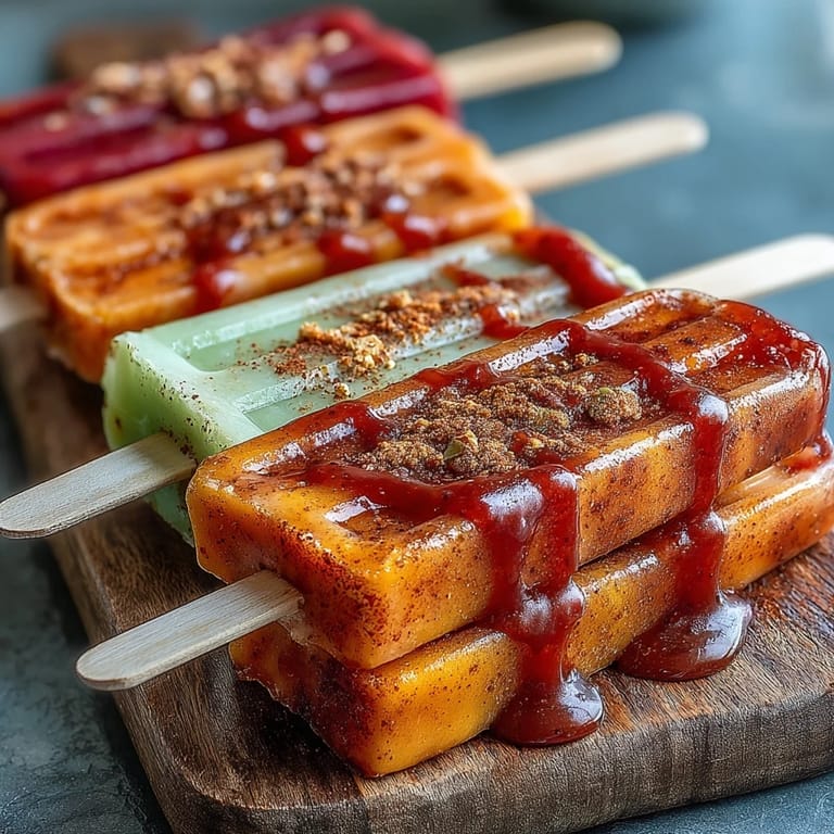 Juicy Fricy Mango Chamoy Popsicles with Tajin, swirled with tangy chamoy, perfect for summer.