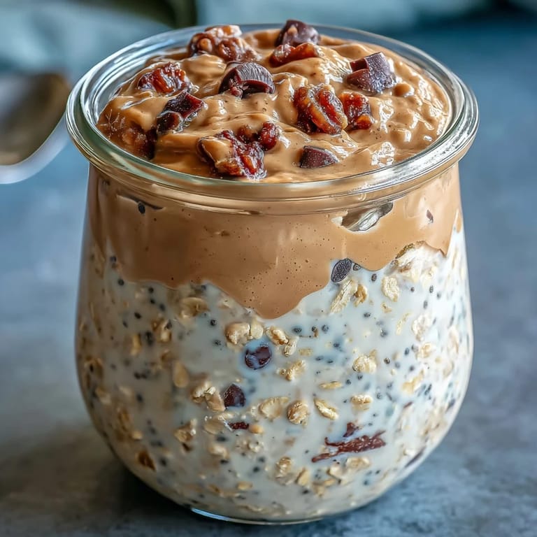 A delicious bowl of Protein Cookie Dough Overnight Oats topped with nuts.