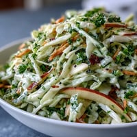 Bright green shredded cabbage, crisp apple slices, and grated carrots tossed in a tangy honey-Dijon dressing in a white bowl.