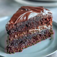Freshly baked Easy Chocolate Fudge Cake layers with glossy chocolate icing on a white plate.
