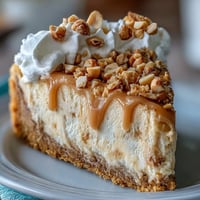 A thick slice of Nutter Butter cheesecake with a creamy peanut butter swirl and crunchy peanut garnish.