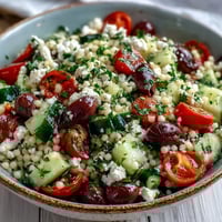 Freshly cooked Mediterranean Pearl Couscous salad with feta, crunchy cucumbers, and sweet bell peppers on a rustic table.