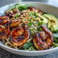 Grilled shrimp lay atop sesame egg noodles with crisp cucumber, fresh sprouts, and creamy avocado slices.  