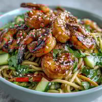 Succulent grilled shrimp rest on sesame noodles with crisp veggies and lime wedges in this 15-Minute Asian Noodle Bowl.