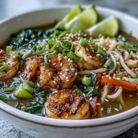 Garnished Asian Noodle Bowl with Shrimp and Scallops topped with cilantro and lime wedges beside a steaming spoonful.