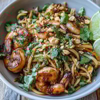 Colorful Asian Noodle Bowl in a white bowl, with sautéed shrimp, crisp zucchini, carrots, and fresh cilantro, topped with chopped peanuts and served with lime wedges.