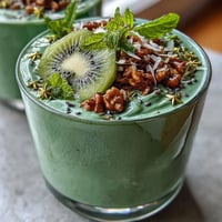 Vibrant green smoothie bowl with spinach, avocado, and protein powder, topped with kiwi shamrock design and crunchy granola for St. Patrick's Day.