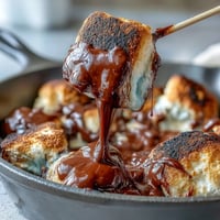 Gooey 4th of July s'mores dip bubbling with melted chocolate and toasted marshmallows in a cast iron skillet.