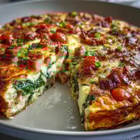 Fluffy one-pan ham and Swiss frittata with tender spinach, juicy tomatoes, and melted Swiss cheese.