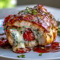 Caprese Stuffed Chicken Breast with melted mozzarella, fresh tomatoes, and basil, baked golden and drizzled with balsamic glaze.