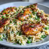 Creamy one-pot lemon orzo with tender chicken and bright green peas in a cozy skillet dinner.  