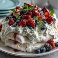 1. A delicate pavlova with a crisp meringue shell, soft marshmallow center, and luscious whipped cream topped with fresh spring berries.  