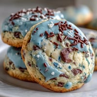 A plate of robins egg speckled sugar cookies, buttery and crisp, tinted soft blue with chocolate speckles for a festive spring look.