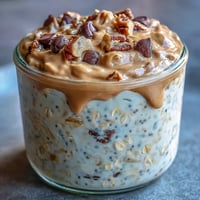 Close-up of Protein Cookie Dough Overnight Oats with gooey chocolate chips.